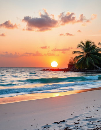 Tropical beach with palm trees at sunset.