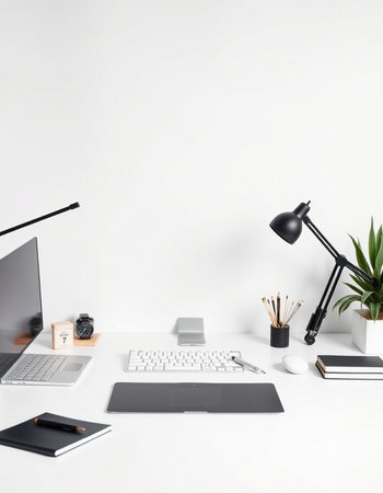 workplace with computer, lamp, stationery and plant on whiteの写真素材