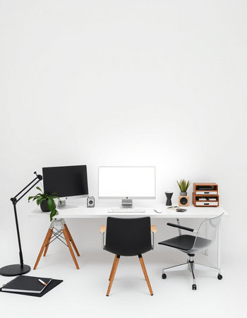 Modern office interior with computer, chair and desk. Workplace concept. 3D Rendering