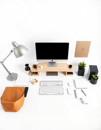 Top view of modern workplace with computer, stationery and accessories on white background