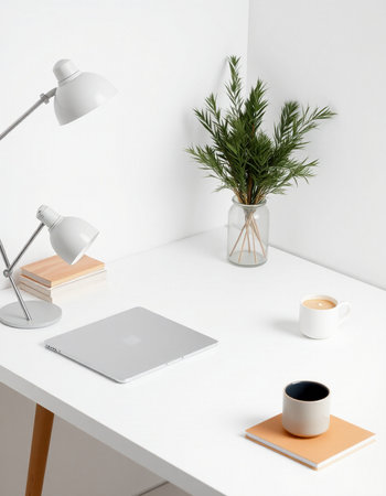 Stylish workplace with laptop, cup of coffee and decorations on tableの写真素材