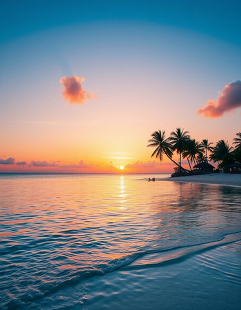 Beautiful Silhouette coconut palm tree around beach sea ocean at sunset or sunrise time for travel and vacationの写真素材