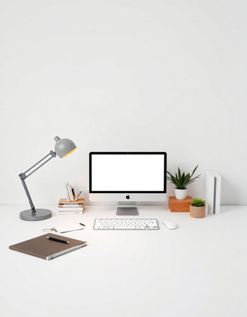 3D illustration PC screen mockup, Workspace with keyboard, mouse, lamp, books, plant and notebook on...