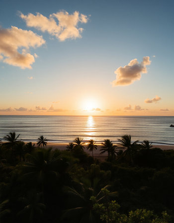 Sunset over the ocean with palm trees and clouds in the sky
