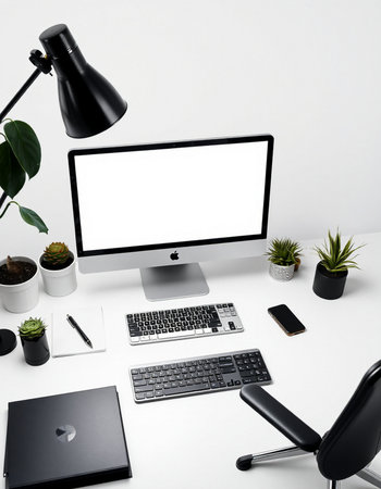White office desk with computer, supplies and plants. Workplace concept
