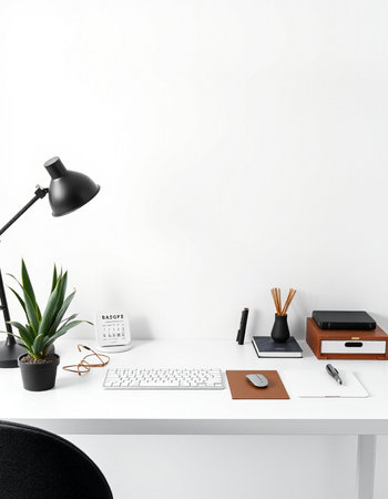 Modern workspace with computer, stationery and plant. 3d render