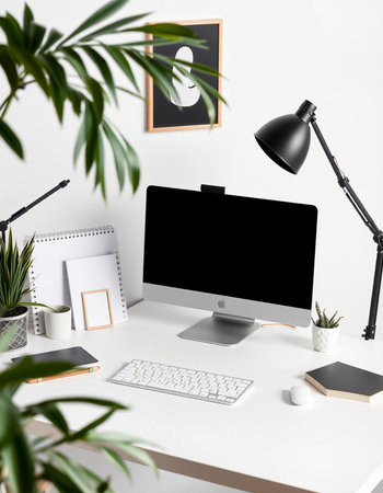 Modern workspace with computer, supplies and decorations. Mock up, 3D Rendering