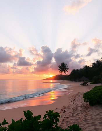 Tropical beach at sunset with palm trees and sunbeams