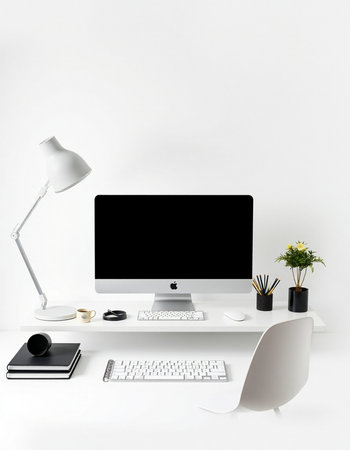 Modern workspace with computer, lamp, stationery and accessories on white background