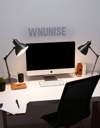 workplace with computer, lamp and stationery in office, 3d render