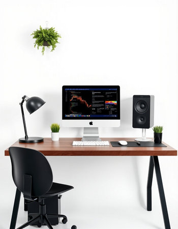 Modern workspace with computer on desk and speaker. 3d rendering.