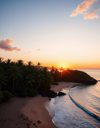 Aerial view of beautiful tropical beach with coconut palm tree at sunset timeの写真素材