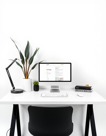 Modern workspace with computer, keyboard, mouse, supplies and plant on white backgroundの写真素材