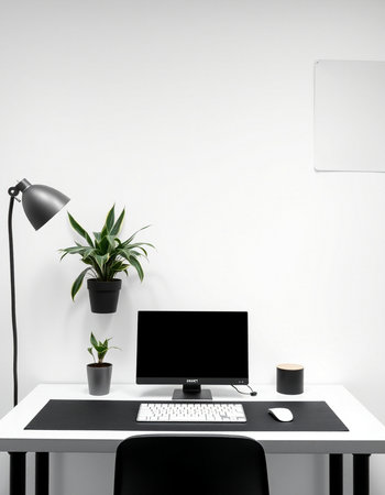 Workplace with computer, coffee cup and plant on white wall background