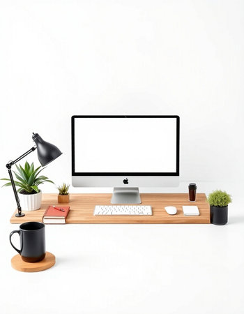 Modern workspace with computer, coffee cup and decorations on white wall background