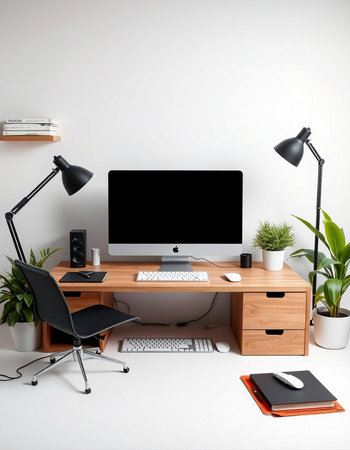 Workplace with computer, stationery and plants on the white wallの写真素材
