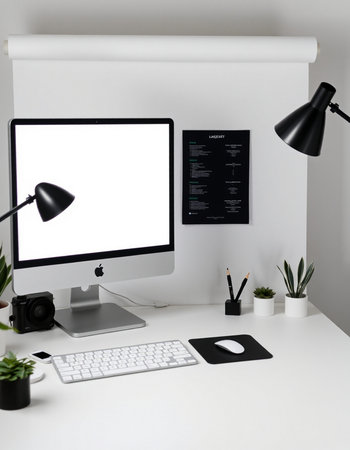 workplace with computer, mouse, keyboard, lamp and other objectsの写真素材