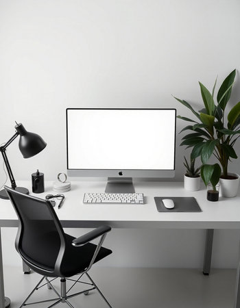 Modern workspace with blank screen computer, keyboard, mouse, lamp, and other items. Mock up