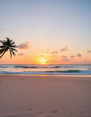 Beautiful tropical beach and sea with coconut palm tree at sunset time - Holiday Vacation concept