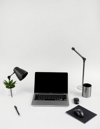 Laptop and office supplies on white background. Workplace concept.の写真素材