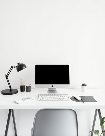Front view of modern workspace with blank computer screen, stationery and other items. Mock up, 3D...