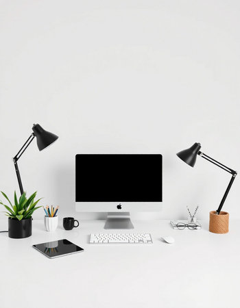 Modern workspace with computer, lamp, coffee cup and other items. 3D Rendering