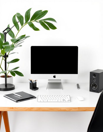 workplace with computer, keyboard, mouse and plant on white background