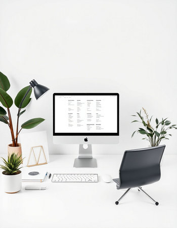 Minimalistic workplace with computer, stationery and plant. 3d renderの写真素材