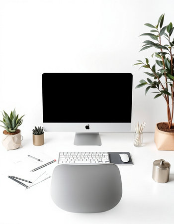 Modern workspace with computer, supplies and plants on white background. Flat lay, top view