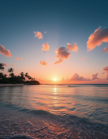 Tropical beach with palm trees at sunset, Seychelles