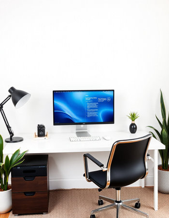 Interior of a modern office with a computer and a black chair