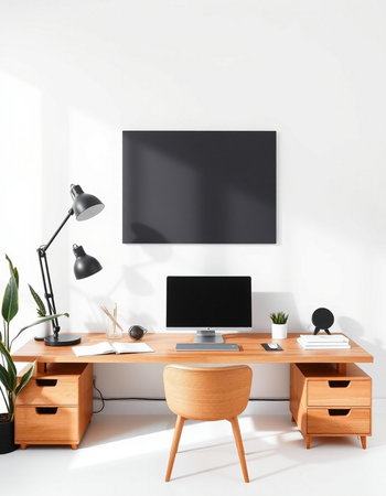 Interior of modern office with white walls, concrete floor, wooden desktops with computer and black mock up poster. 3d renderingの写真素材