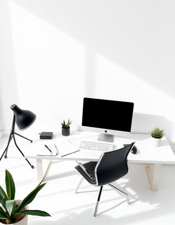 Modern white office interior with desktop computer, lamp and other items. 3D Rendering