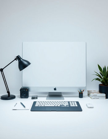 Modern workspace with computer, supplies and copy space. 3D Renderingの写真素材