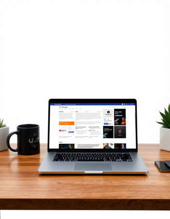 Workplace with modern laptop and coffee cup on wooden table over white backgroundの写真素材