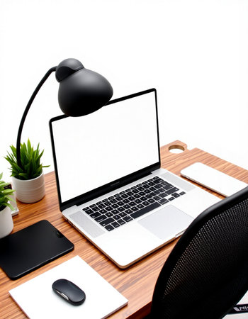 workplace with laptop computer on wood table isolated on white background.