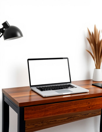 Laptop with blank screen on wooden table and lamp on white wall backgroundの写真素材