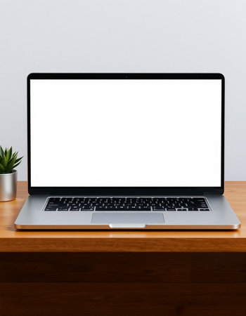 Laptop with blank screen on wood table and white wall background.