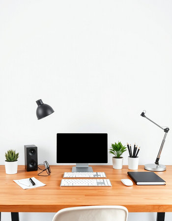 Workplace with computer, supplies and coffee cup on wooden table. White wall background
