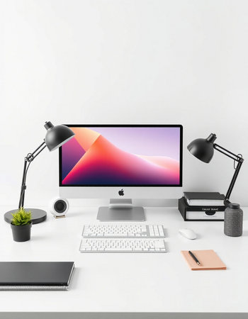 Modern workspace with computer, keyboard, mouse, lamp and coffee cup. 3D Rendering