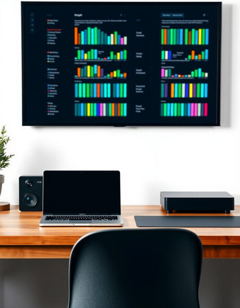 Designer workspace with laptop and graphics on the wall. 3d renderingの写真素材