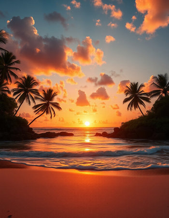 Beautiful tropical beach with coconut palm tree at sunset. Nature background