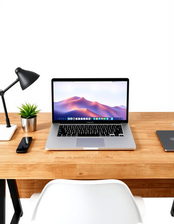 3D illustration laptop and work stuff on wooden table, Workspace
