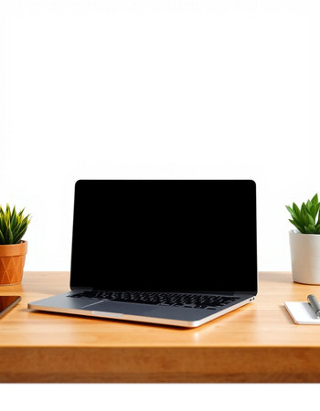 Laptop computer with blank screen on wood table isolated on white background