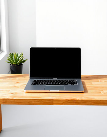 Laptop with blank screen on wooden table in modern office. 3d render