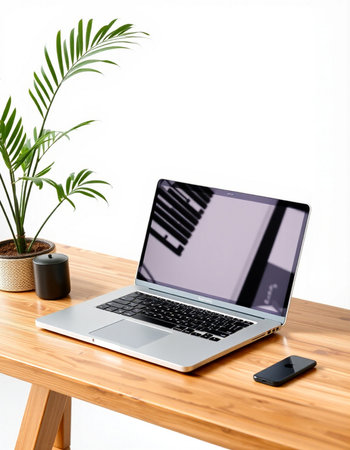 Laptop on wood table with white wall background. 3d rendering.