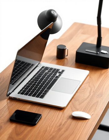 Workplace with laptop, smartphone and lamp on wooden table close up