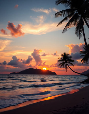 Tropical beach at beautiful sunset with palm tree silhouettes.の写真素材