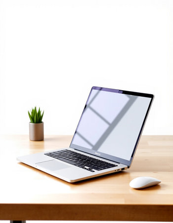Laptop on a wooden desk with white wall and green plant.