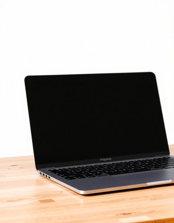 Laptop on a wooden table with a white wall in the backgroundの写真素材